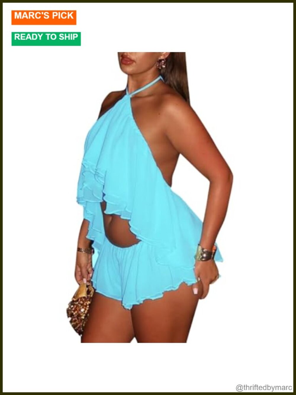 Womens 2 Piece Halter Backless Ruffled Crop Top Mini Shorts Set Y2K Club Beach